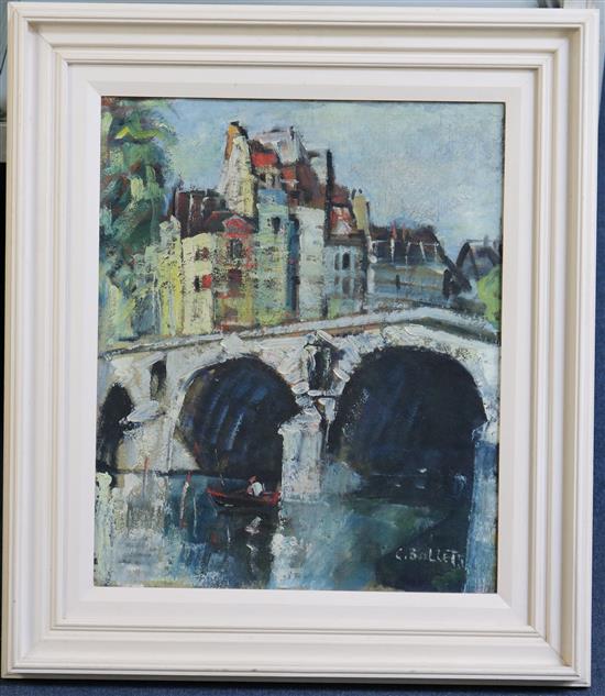 Continental School Town scene with boatmen beneath a bridge, 18 x 15in.